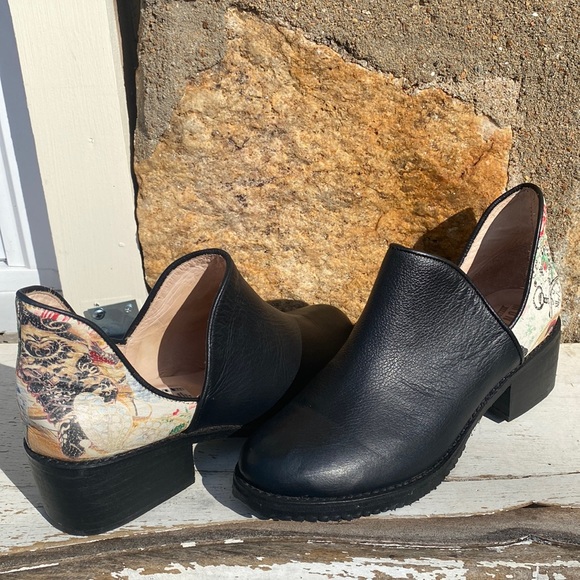 Monarca black leather and floral print ankle shoes size 6 - Picture 1 of 6